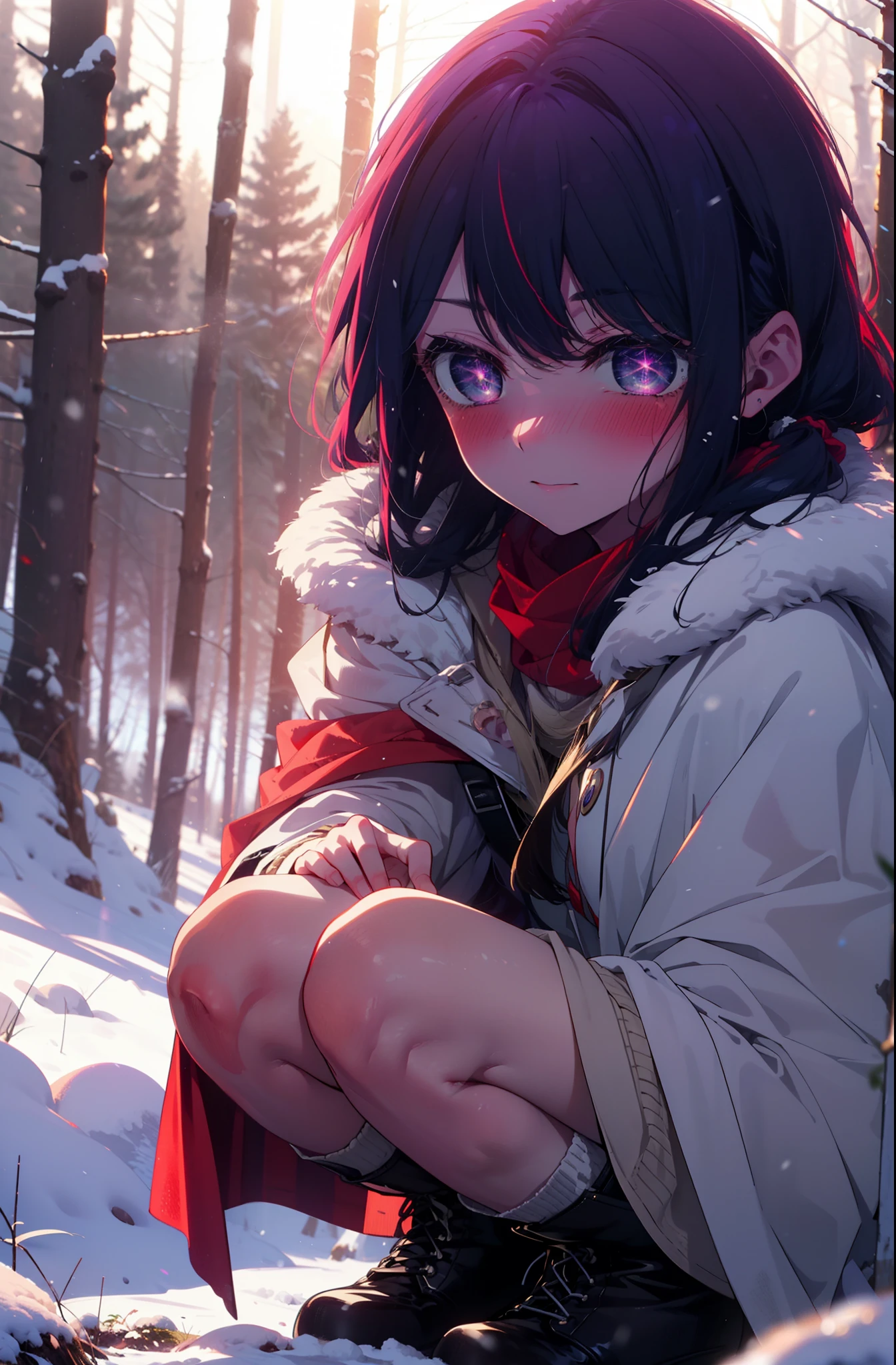 aihoshino, Ai Hoshino, Long Hair, bangs, (Purple eyes:1.1), Purple Hair, (Symbol-shaped pupil:1.5), smile,,smile,blush,White Breath,
Open your mouth,snow,Ground bonfire, Outdoor, boots, snowing, From the side, wood, suitcase, Cape, Blurred, , forest, White handbag, nature, Squat, Mouth closed, Cape, winter, Written boundary depth, Black shoes, red Cape break looking at viewer, Upper Body, whole body, break Outdoor, forest, nature, break (masterpiece:1.2), Highest quality, High resolution, unity 8k wallpaper, (shape:0.8), (Beautiful and beautiful eyes:1.6), Highly detailed face, Perfect lighting, Highly detailed CG, (Perfect hands, Perfect Anatomy),