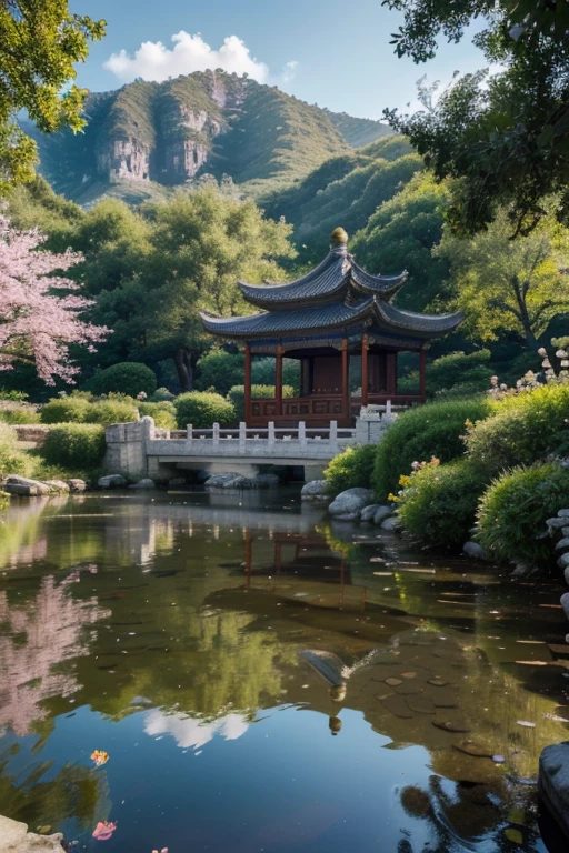 A beautiful detailed peach blossom garden in ancient China, lush peach trees in full bloom, intricate stone bridges, serene ponds with lotus flowers, exquisite traditional Chinese architecture, ancient scholars strolling through the garden, (best quality,4k,8k,highres,masterpiece:1.2),ultra-detailed,(realistic,photorealistic,photo-realistic:1.37),HDR,UHD,studio lighting,ultra-fine painting,sharp focus,physically-based rendering,extreme detail description,professional,vivid colors,bokeh,landscape,intricate details,cinematic lighting,warm color palette