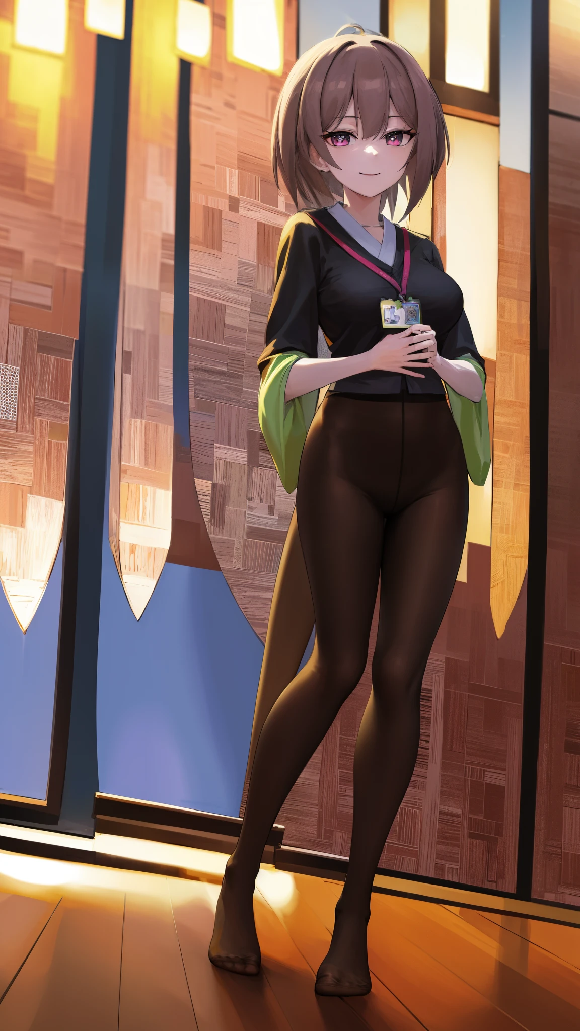 2D, masterpiece, best quality, Japanese cartoons, Highly detailed face, Very detailed eyes, Very detailed background, Perfect lighting, whole body, 1 girl, foot，Pantyhose, ID card, Embarrassing, Smile, Standing, office ，No shoes