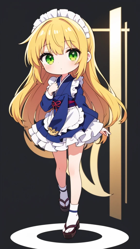 1girl,japanese,chibi,gold hair,long hair,full body,transparent background,Maid costume,looking to the left,green eyes