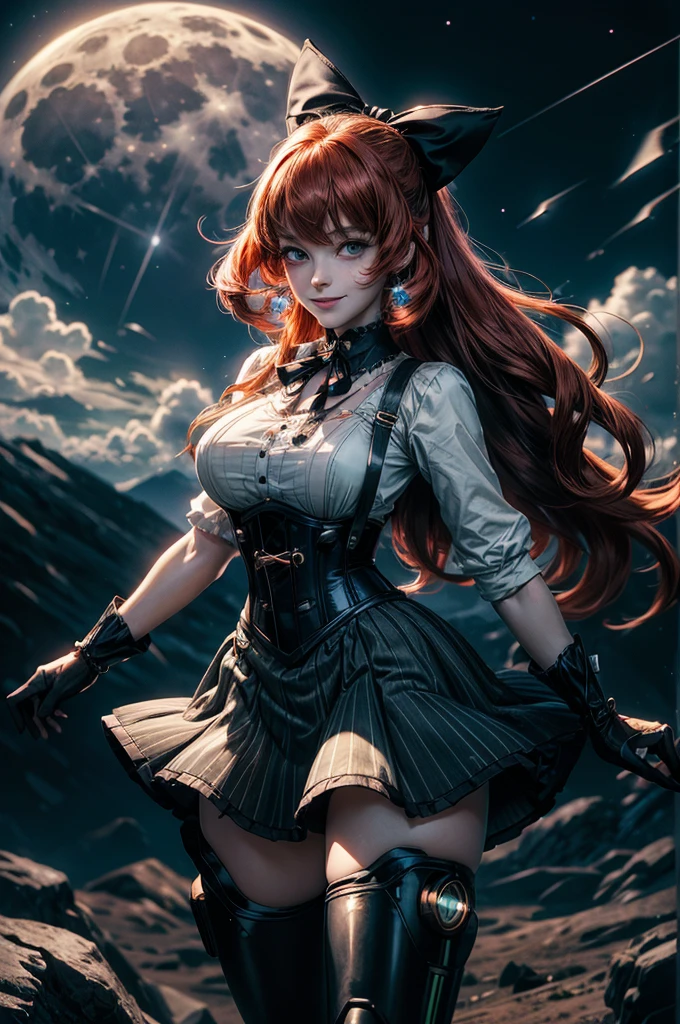 night, moon, stars, cowboy shot, (dynamic pose), smile,  underbust, Penny Polendina, long red hair, neck ribbon, suspender skirt, corset, black bow, white blouse, mechanical legs, neon trim, flying in the air, blue sky, clouds (volumetric lighting), intricate details, tonemapping, sharp focus, hyper detailed

