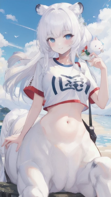 (best quality, masterpiece), 1 girl, centaur, It takes, White skin, Korean , Smiling, exposing the abdomen,belly button t-shirt, 아름다운 소녀 perfect white tiger photo, perfect white tiger photo