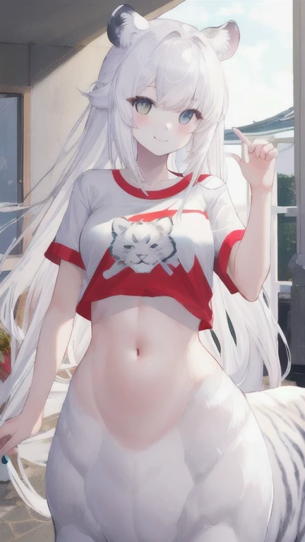 (best quality, masterpiece), 1 girl, centaur, It takes, White skin, Korean , Smiling, exposing the abdomen,belly button t-shirt, 아름다운 소녀 perfect white tiger photo, perfect white tiger photo