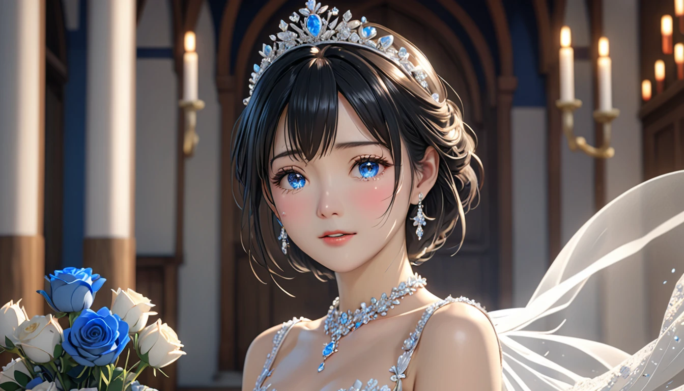 National Science Foundation,masterpiece,High resolution,8K,art,refer to,3D,Kyoto Animation Style,Your Name movie style,uhd, high details, highres, 8K, 16K, high quality, best quality, super detail, textured skin, masterpiece, accurate, anatomically correct, award winning,(((Your body is facing forward towards the camera))),Looking into the camera,Soft Light,Glowing Skin,(1 female: 1.3),(alone: 1.4),(((Black Hair))),(Beautiful and sparkling wedding dress),Woman in pure white wedding dress,(The most beautiful bride woman),Swarovski crystals on gorgeous wedding dress,crystal crown,crystal necklace,crystal earrings,Long eyelashes,Thin legs,Short Bob,Bouquet of blue roses in hand,close of upper body,Close-up,In a quaint church,Starry Eyes,Blushed,shy,shy,Open your mouth,(((cry))),(((Tears)))