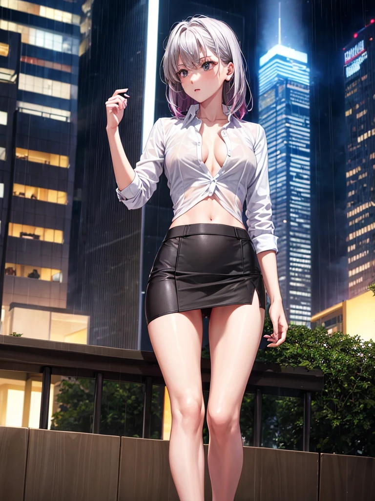 Girl, short tight skirt , black thong, Shirt unbuttoned, chest visible, Skyscraper balcony background, openlegs, night, rain, slim body, slim ass, Stiletto Shoes
