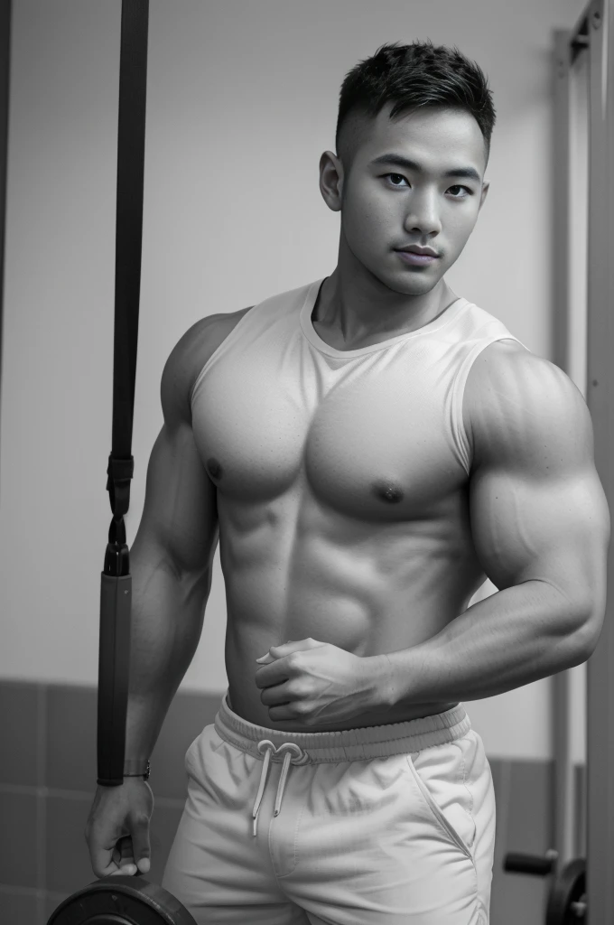masterpiece, best quality, high resolution, realistic, handsome, photogenic, syahnk, SFW, a photo of a 35 year old gym frat (man:1.2) portrait, standing in a gym , doing military press, weights, stunning , short buzzcut hair,stubble head , (hypermuscle),looking at the viewer, flirting with the camera, charming, (tight white gym shirt ),(GS-Masculine:1), 8K UHD