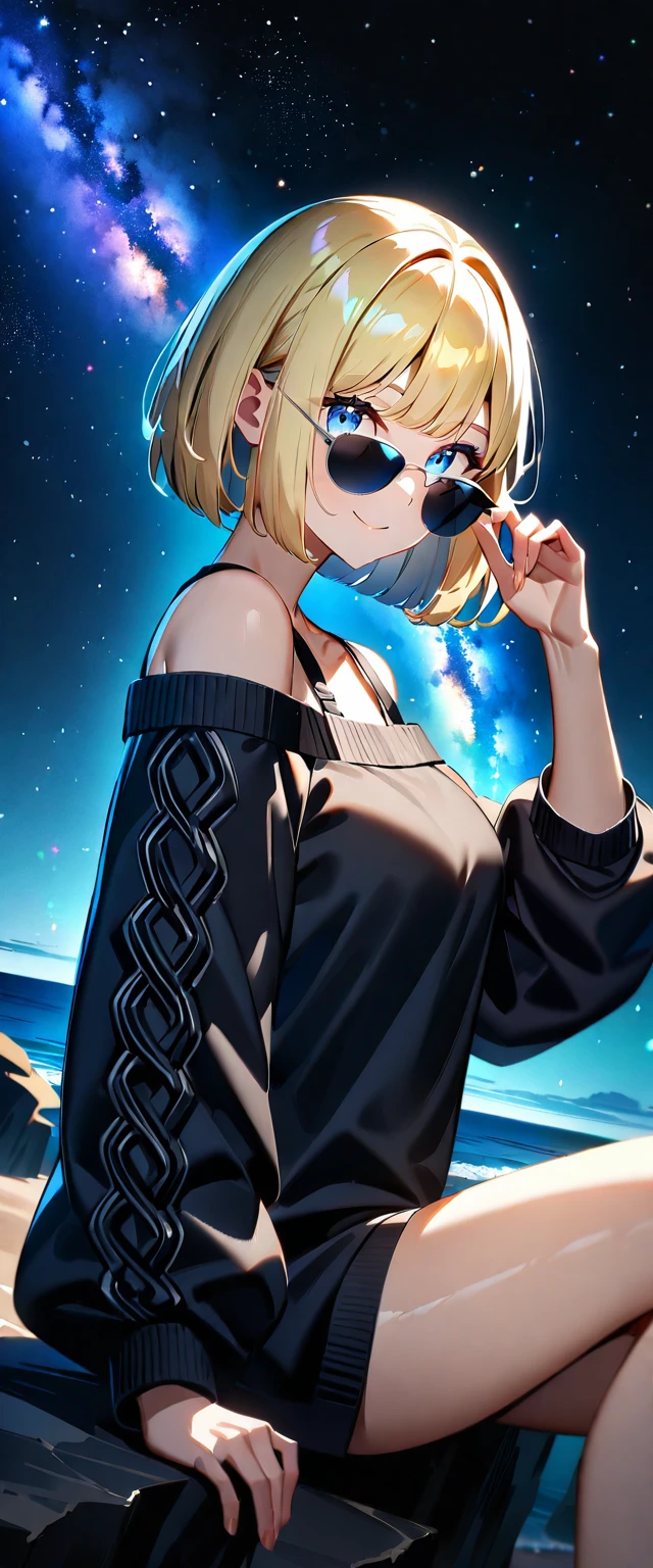 (((a beautiful starry sky, the Milky Way shining beautifully in the night))), ((bare legs)), (((sunglasses, hand to sunglasses))), (Aran sweater), ((((from side)))), upper body, ((sitting on the very high cliff)), wavy hair, inward curled hair, sea, beach, ((blond hair, bob cut:1.3)), breasts, ager, (looking at viewer), oversized clothes, puffy long sleeves, ((off-shoulder sweater:1.3, Quite thick shoulder straps)), ((black sweater)), collarbone, head tilt:1.3, (((blue eyes))), happy smile, (((anime style))), (best quality, 4K, 8K, highres, masterpiece:1.2, ultra-detailed, ultra-detailed eyes, HDR, uhd, studio lighting, ultra-fine painting, sharp focus, physically-based rendering, extreme detail description, professional, vivid colors, bokeh)