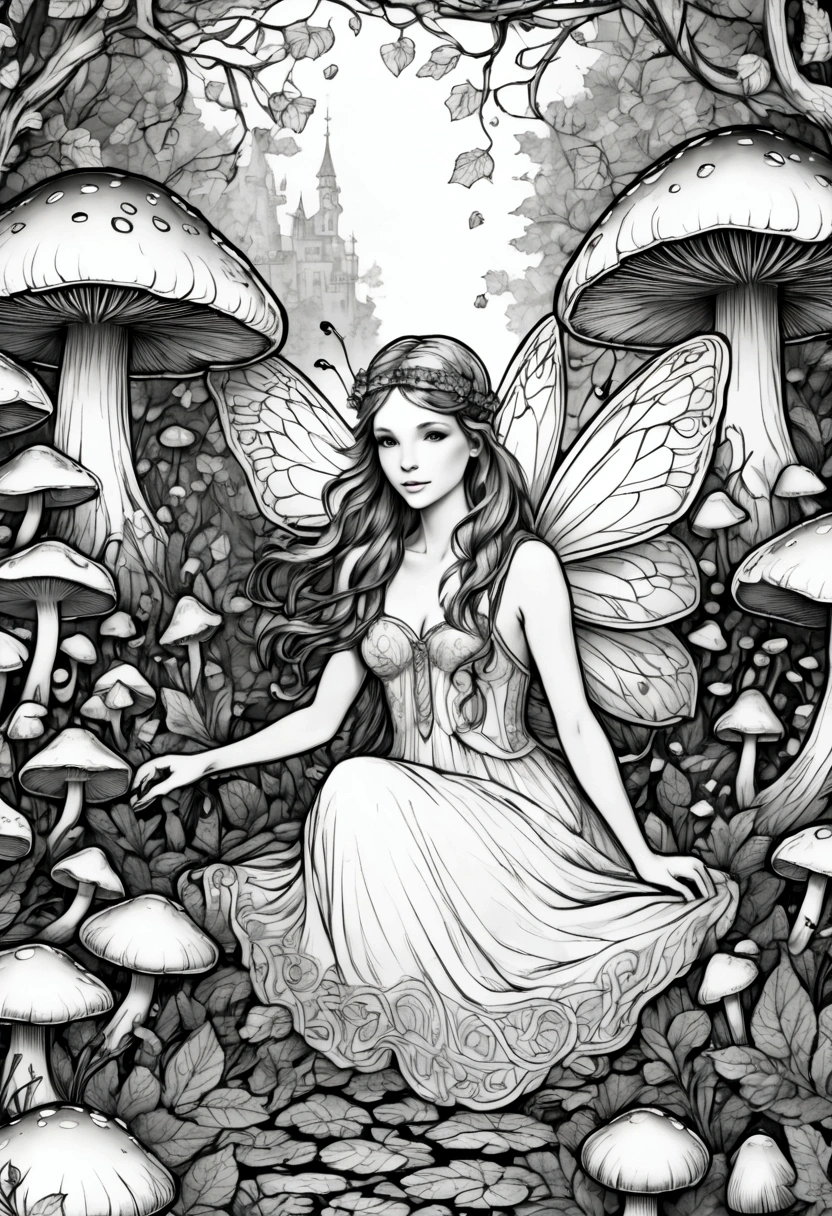 A fairy surrounded by glowing mushrooms in an enchanted forest, clean line art, white background, colouring page, clean outline, sketch style, floral frame, decorative panel, abstract ,sketch, character lines and scenes without colors and shadows. (Masterpiece, Best Quality, Highres:1.4), Detailed, Intricate Details, 4K, color splashes, line art