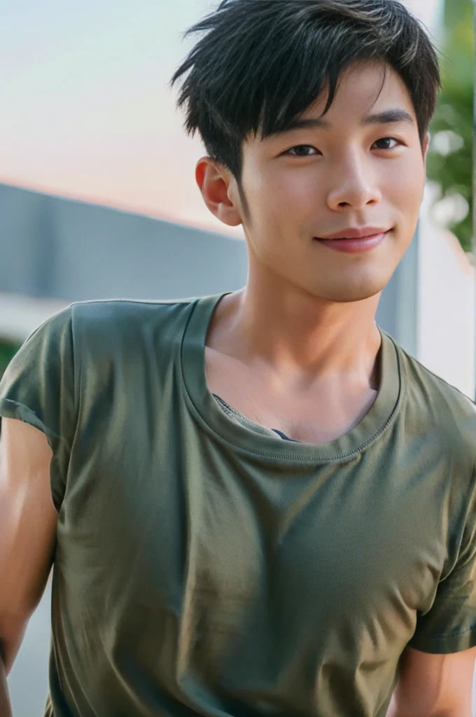 ((Highest quality, 8K, Masterpiece: 1.3))、Thailand Laos Burma Asia, Thai man, A handsome Asian rugby player with short hair, a muscular beard, and big muscles., 1A man who has、 yo、Good appearance、Beautiful nose、smile、 Detailed eyes and face、beautiful light、(studio)、high resolution、(Look at the viewer.)、Fine mouth、smile、whole body: 1.5, perfect shape: 1.3, Picture of both shoulders:1.3, Navy blue round neck t-shirt:1.5