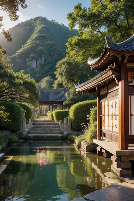 A beautiful detailed peach blossom garden in ancient China, lush peach trees in full bloom, intricate stone bridges, serene ponds with lotus flowers, exquisite traditional Chinese architecture, ancient scholars strolling through the garden, (best quality,4k,8k,highres,masterpiece:1.2),ultra-detailed,(realistic,photorealistic,photo-realistic:1.37),HDR,UHD,studio lighting,ultra-fine painting,sharp focus,physically-based rendering,extreme detail description,professional,vivid colors,bokeh,landscape,intricate details,cinematic lighting,warm color palette