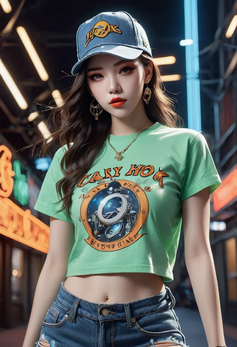 (Transparent Hip Hop Girl:0.65), (Hip-hop costumes:0.65),透明Light线追踪,crazy hip hop style,Baseball cap,Blue denim ripped jeans。Green T-shirt,Surreal, Visual exaggeration, Nano punk,Atomic Punch, gather ,Circuit,Light,♒︎,Pisces, ♓︎,Unreal Engine,Octane Rendering,V-Ray,High Detail ,Super quality,high resolution,Surrealism,16K,Ultra wide angle,satellite view,生物发Light,