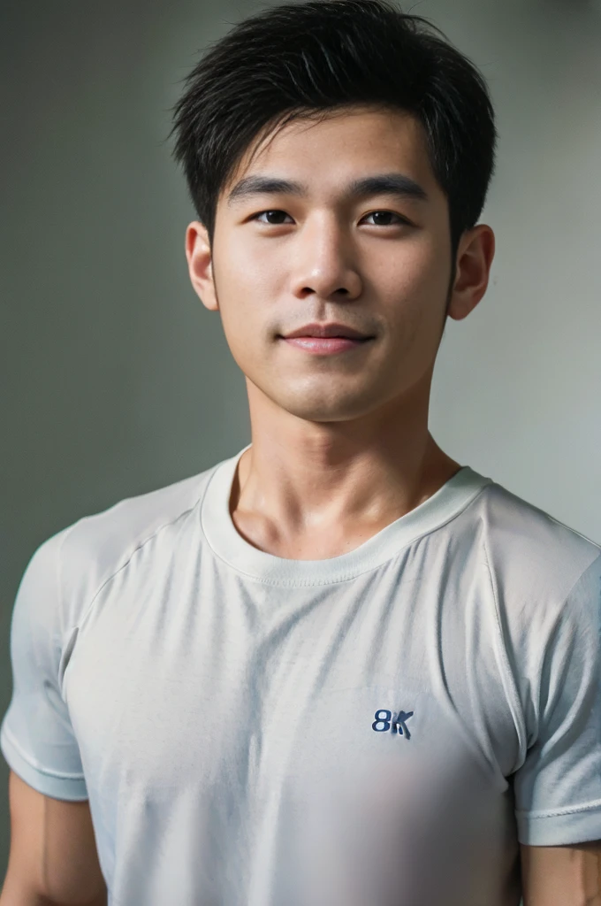 ((Highest quality, 8K, Masterpiece: 1.3))、Thailand Laos Burma Asia, Thai man, A handsome Asian rugby player with short hair, a muscular beard, and big muscles., 1A man who has、 yo、Good appearance、Beautiful nose、smile、 Detailed eyes and face、beautiful light、(studio)、high resolution、(Look at the viewer.)、Fine mouth、smile、whole body: 1.5, perfect shape: 1.3, Picture of both shoulders:1.3, Navy blue round neck t-shirt:1.5