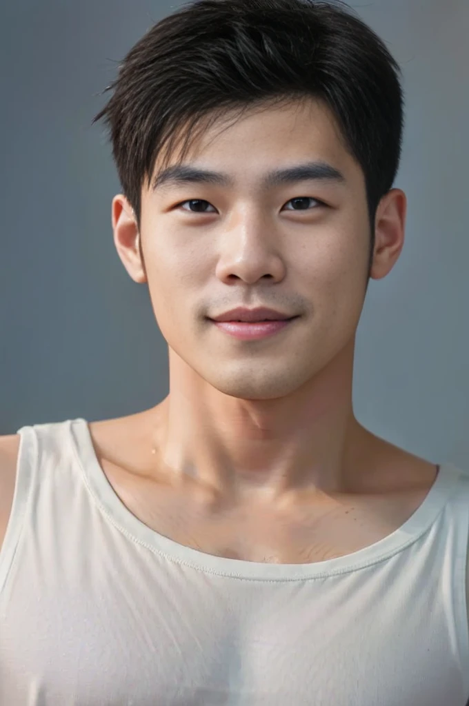 ((Highest quality, 8K, Masterpiece: 1.3))、Thailand Laos Burma Asia, Thai man, A handsome Asian rugby player with short hair, a muscular beard, and big muscles., 1A man who has、 yo、Good appearance、Beautiful nose、smile、 Detailed eyes and face、beautiful light、(studio)、high resolution、(Look at the viewer.)、Fine mouth、smile、whole body: 1.5, perfect shape: 1.3, Picture of both shoulders:1.3, Navy blue round neck t-shirt:1.5