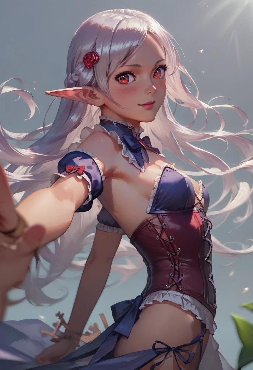 score_9, score_8_up, score_7_up, score_6_up, Character: 1 Elf girl, Anime cute, soft dark elf girl, red eyes, white long hair, mage, sweet smile, (blush:1.2), [clear and clean] pixiv (illustration), vivid,detailed, realistic, beautiful, stunning lighting, stunning reflections, , corset, from side, (side boobs), (((depth of field))), pov, small breasts, looking at viewer, action poseBackground: simple background,flat color Resolution: Ultra Wide, nice composition, top artstation piece, masterpiece
