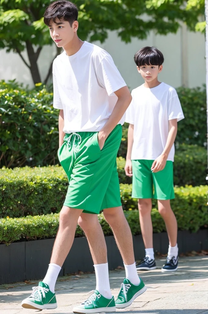 A tanned 12-year-old Japanese boy modeling in shorts during summer vacation　White shirt and green shorts