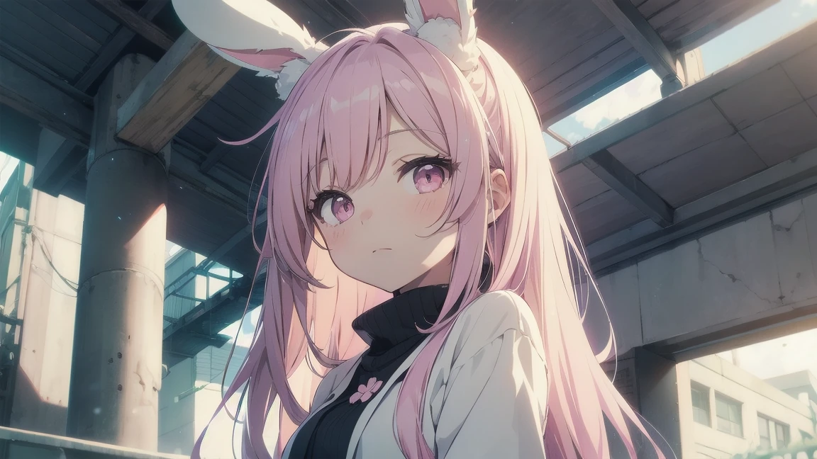 Highest quality, pretty girl, pastel colour, Fluffy bunny ears, Pink long hair,Pale pink eyes,Chill Pop,Lo-Fi