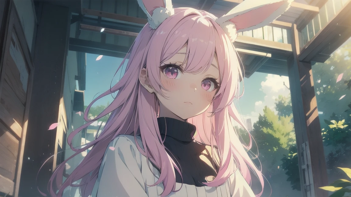 Highest quality, pretty girl, pastel colour, Fluffy bunny ears, Pink long hair,Pale pink eyes,Chill Pop,Lo-Fi