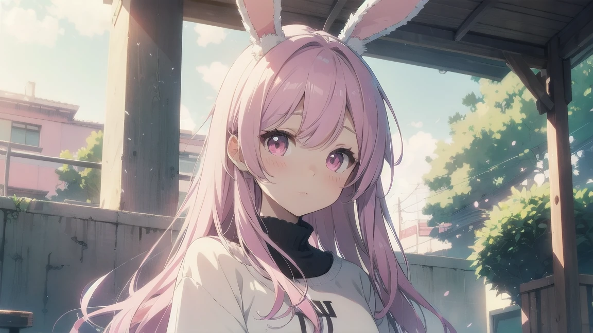 Highest quality, pretty girl, pastel colour, Fluffy bunny ears, Pink long hair,Pale pink eyes,Chill Pop,Lo-Fi