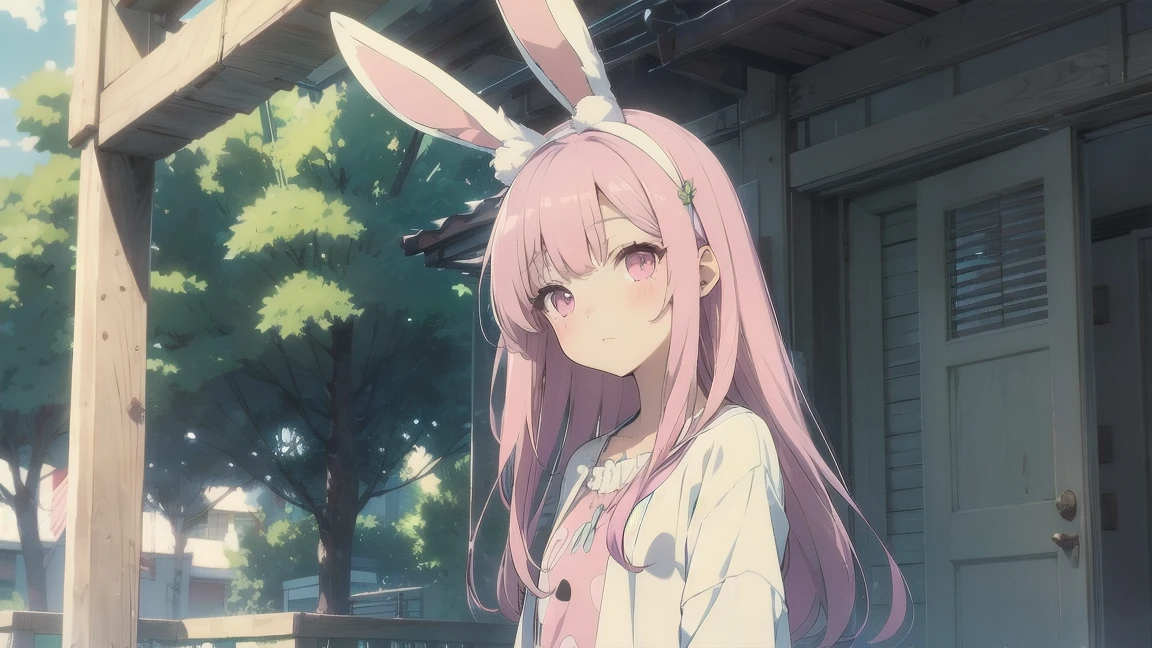 Highest quality, pretty girl, pastel colour, Fluffy bunny ears, Pink long hair,Pale pink eyes,Chill Pop,Lo-Fi