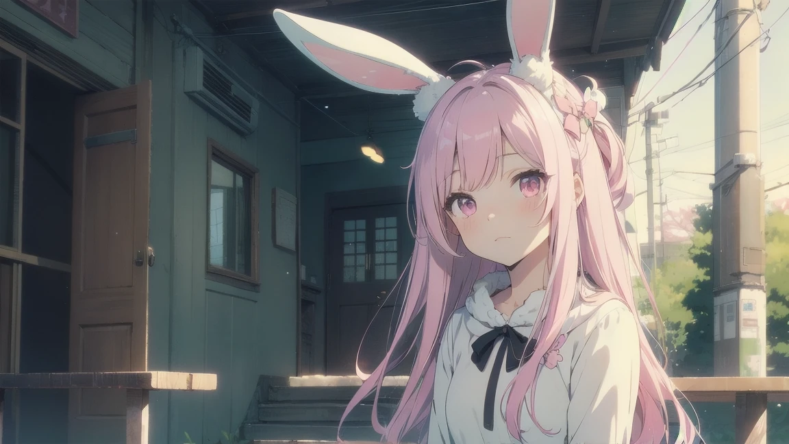 Highest quality, pretty girl, pastel colour, Fluffy bunny ears, Pink long hair,Pale pink eyes,Chill Pop,Lo-Fi