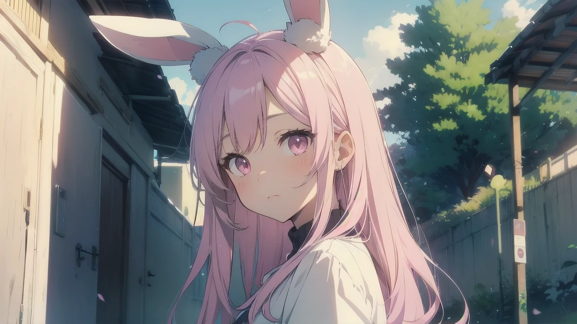 Highest quality, pretty girl, pastel colour, Fluffy bunny ears, Pink long hair,Pale pink eyes,Chill Pop,Lo-Fi