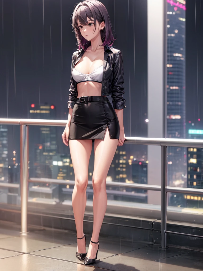 Girl, short tight skirt , black thong, Shirt unbuttoned, chest visible, Skyscraper balcony background, openlegs, night, rain, slim body, slim ass, Stiletto Shoes 