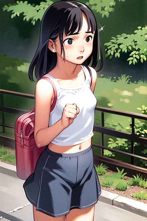 Girls walking down the street、s、Pure girl、Sparkling Eyes、Healthy Skin、Large park、Summer sun、White cloud、Blue sky、(fullbody shot、Looking down at viewer、shot from ground)、Cleavage、Detailed Hair、Tank top and shorts、Small breasts、slender、Looking at viewer、Hair blowing in the wind、Dynamic pose、very loud laugh、My skirt is flying up in the wind、body is wet、Wet body、Blushed cheeks、Sweaty face、Lots of sweat、Her belly button is visible