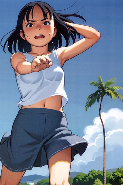 Girls walking down the street、s、Pure girl、Sparkling Eyes、Healthy Skin、Large park、Summer sun、White cloud、Blue sky、(fullbody shot、Looking down at viewer、shot from ground)、Cleavage、Detailed Hair、Tank top and shorts、Small breasts、slender、Looking at viewer、Hair blowing in the wind、Dynamic pose、very loud laugh、My skirt is flying up in the wind、body is wet、Wet body、Blushed cheeks、Sweaty face、Lots of sweat、Her belly button is visible