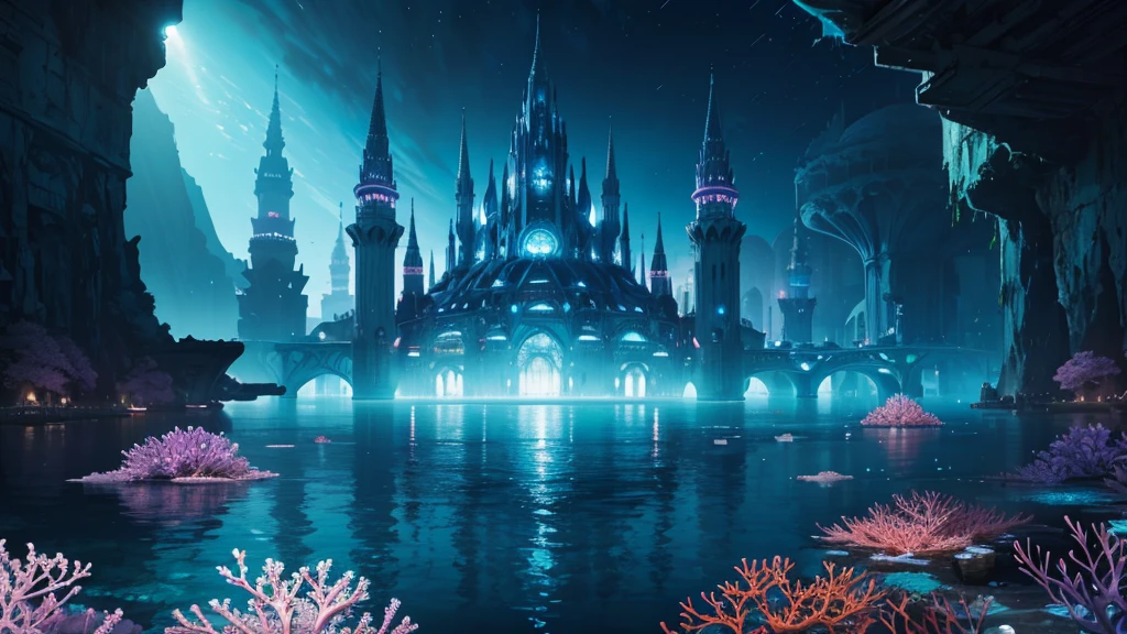 A fantastical and serene deep-sea city. Viewed from the ocean floor looking up towards the water surface. The city is very large with futuristic buildings, domes, and spires. Completely submerged in clear blue and pink water. The scene has a tranquil and calming atmosphere. Soft glowing lights illuminate the city. The water surface above glitters with sunlight, creating beautiful patterns. The city emits a quiet, artificial light. Surrounded by vibrant marine life and coral formations. The water is deeper, adding to the mysterious and serene feeling. The image is high-resolution, realistic, and in 4K. Capturing the enchanting beauty of the underwater city.