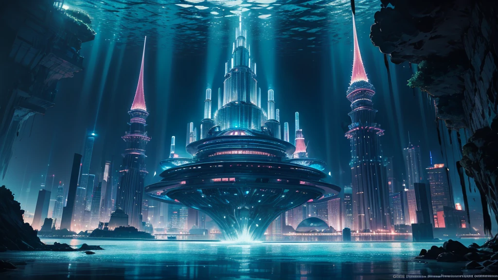 A fantastical and serene deep-sea city. Viewed from the ocean floor looking up towards the water surface. The city is very large with futuristic buildings, domes, and spires. Completely submerged in clear blue and pink water. The scene has a tranquil and calming atmosphere. Soft glowing lights illuminate the city. The water surface above glitters with sunlight, creating beautiful patterns. The city emits a quiet, artificial light. Surrounded by vibrant marine life and coral formations. The water is deeper, adding to the mysterious and serene feeling. The image is high-resolution, realistic, and in 4K. Capturing the enchanting beauty of the underwater city.