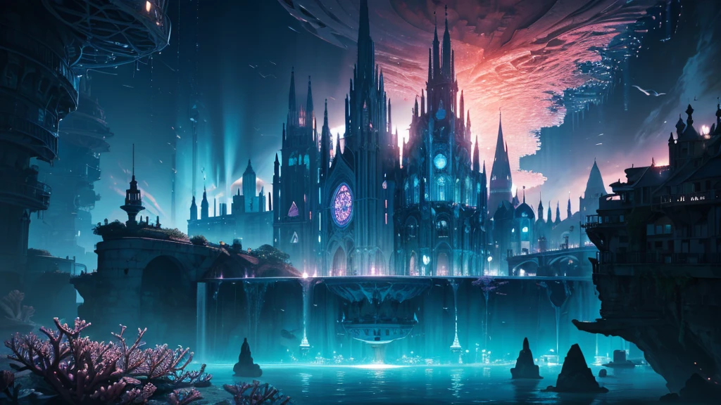 A fantastical and serene deep-sea city. Viewed from the ocean floor looking up towards the water surface. The city is very large with futuristic buildings, domes, and spires. Completely submerged in clear blue and pink water. The scene has a tranquil and calming atmosphere. Soft glowing lights illuminate the city. The water surface above glitters with sunlight, creating beautiful patterns. The city emits a quiet, artificial light. Surrounded by vibrant marine life and coral formations. The water is deeper, adding to the mysterious and serene feeling. The image is high-resolution, realistic, and in 4K. Capturing the enchanting beauty of the underwater city.