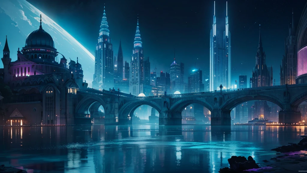 A fantastical and serene deep-sea city. Viewed from the ocean floor looking up towards the water surface. The city is very large with futuristic buildings, domes, and spires. Completely submerged in clear blue and pink water. The scene has a tranquil and calming atmosphere. Soft glowing lights illuminate the city. The water surface above glitters with sunlight, creating beautiful patterns. The city emits a quiet, artificial light. Surrounded by vibrant marine life and coral formations. The water is deeper, adding to the mysterious and serene feeling. The image is high-resolution, realistic, and in 4K. Capturing the enchanting beauty of the underwater city.