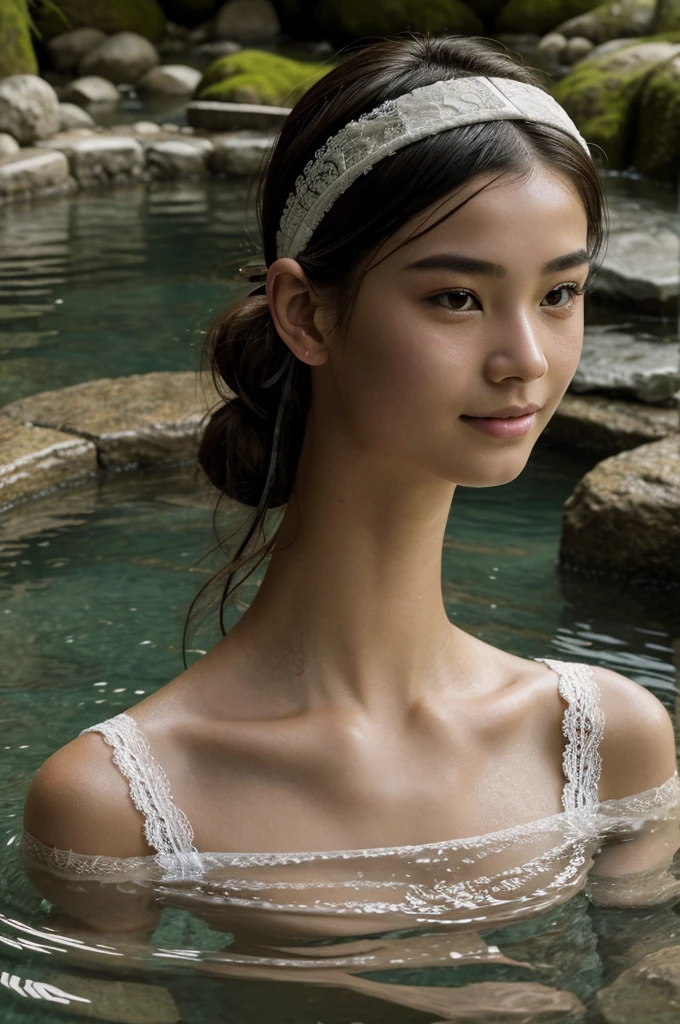Best Quality, Masterpiece, super high resolution, A super model submerged in hot springs in Japan., outdoor hot springs, stone hot springs, surrounded by moss and trees, super beautiful face, pure body, clear pores visible, (SMILE:0.8), using division (lace headband:1.2), (realism:1.5), two 12 year old boys in the bathroom making love