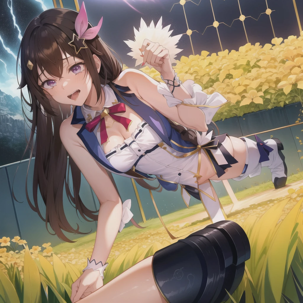 One person女の子, tokino sora, Brown Hair, Long Hair, blue eyes, White shirt, Cropped shirt, Sleeveless shirt, Blue Vest, Blue Skirt, hair ornaments, Red hair ribbon, Thigh ribbon, Knee socks, Wrist cuff, indoor, room, smile, Open your mouth, Large Breasts, , slender waist, (masterpiece),(Highest quality),(Super detailed),(Best illustrations),(Best Shadow),(Absurd),(Detailed Background),(so beautiful), 16K, 8K, 4K,(Best Shadow), (so beautiful), One person, alone, , , , fluorescent pink eyes, , , , Oculogyric crisis, low twintails, empty eyes, blank eyes, Perfect figure, , paw pose, Arched back, , , orgasm, afterglow, erotic smile, , , Open your mouth languidly, A sex slave who fawns over her master, , Brainwashing complete, Sexy posture, dynamic pose, , cross-eyed, rolling eyes, , water eyes, tears, , tongue out, Put your chest close, , , saliva trail, , shiny skin, Illegal drugs, , urge, , torogao, ahegao, BREAK, , Dramatic lighting, , , night, , , Torrent of Light, mysterious, spoken heart,