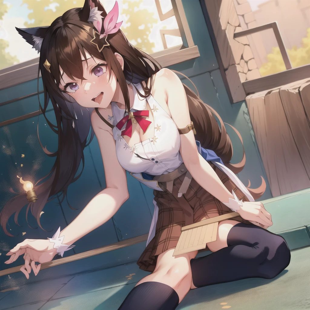 One person女の子, tokino sora, Brown Hair, Long Hair, blue eyes, White shirt, Cropped shirt, Sleeveless shirt, Blue Vest, Blue Skirt, hair ornaments, Red hair ribbon, Thigh ribbon, Knee socks, Wrist cuff, indoor, room, smile, Open your mouth, Large Breasts, , slender waist, (masterpiece),(Highest quality),(Super detailed),(Best illustrations),(Best Shadow),(Absurd),(Detailed Background),(so beautiful), 16K, 8K, 4K,(Best Shadow), (so beautiful), One person, alone, , , , fluorescent pink eyes, , , , Oculogyric crisis, low twintails, empty eyes, blank eyes, Perfect figure, , paw pose, Arched back, , , orgasm, afterglow, erotic smile, , , Open your mouth languidly, A sex slave who fawns over her master, , Brainwashing complete, Sexy posture, dynamic pose, , cross-eyed, rolling eyes, , water eyes, tears, , tongue out, Put your chest close, , , saliva trail, , shiny skin, Illegal drugs, , urge, , torogao, ahegao, BREAK, , Dramatic lighting, , , night, , , Torrent of Light, mysterious, spoken heart,