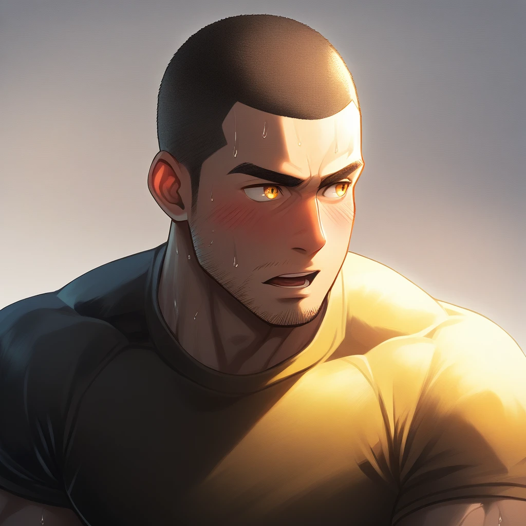 1muscular sportsman, male focus, Buzz Cut, Yellow and black tight T-shirt, Very tight, muscular male, muscular, only, Upper body, alone, look to the side, short hair, stubble, sweat, black hair, Yellow eyes, open lips, White background, simple background, amazing quality, best aesthetics, Ridiculous, crew cut, moaning, blush, chiaroscuro, cinematic lighting, best quality, textured skin