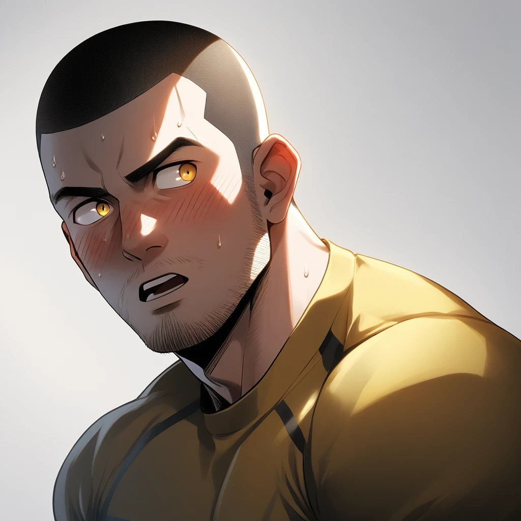 1muscular sportsman, male focus, Buzz Cut, Yellow and black tight T-shirt, Very tight, muscular male, muscular, only, Upper body, alone, look to the side, short hair, stubble, sweat, black hair, Yellow eyes, open lips, White background, simple background, amazing quality, best aesthetics, Ridiculous, crew cut, moaning, blush, chiaroscuro, cinematic lighting, best quality, textured skin