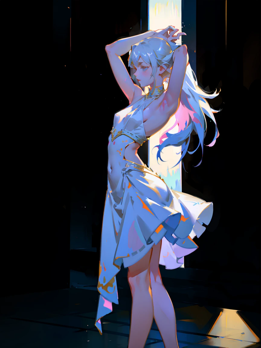 Standing with full body leaning,(Drawing of dancing girl), (Jürgens simple white dress (Mandy Jurgens) Realistic paintings created, , Figurative Art, A detailed description, Realistically, A work of art,