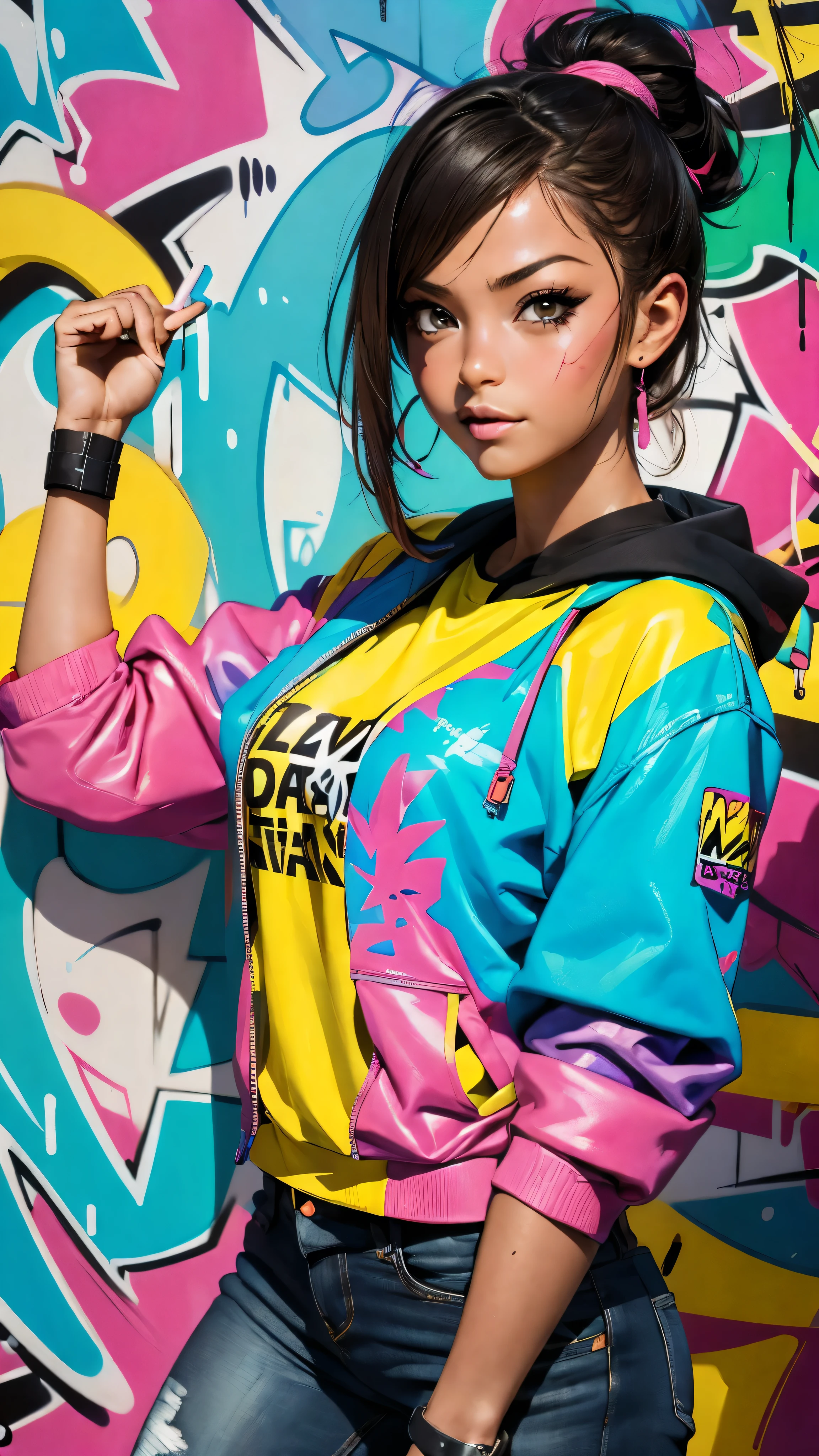 (best quality), (high detail), (vivid colors), (graffiti style), (freestyle), (Close up), (1girl), sexy female graffiti artist, spraying graffiti on a wall painted with street art, HDR, 4K, 3D, graffiti art style.
