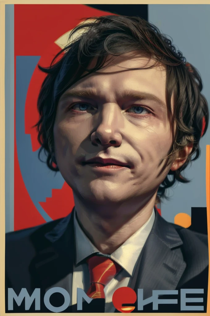 solo, Poster of Javier Milei, masterpiece, best quality, portrait of sks man ,  black suit and white shirt, very detailed face, high quality, serious face, evil smile,