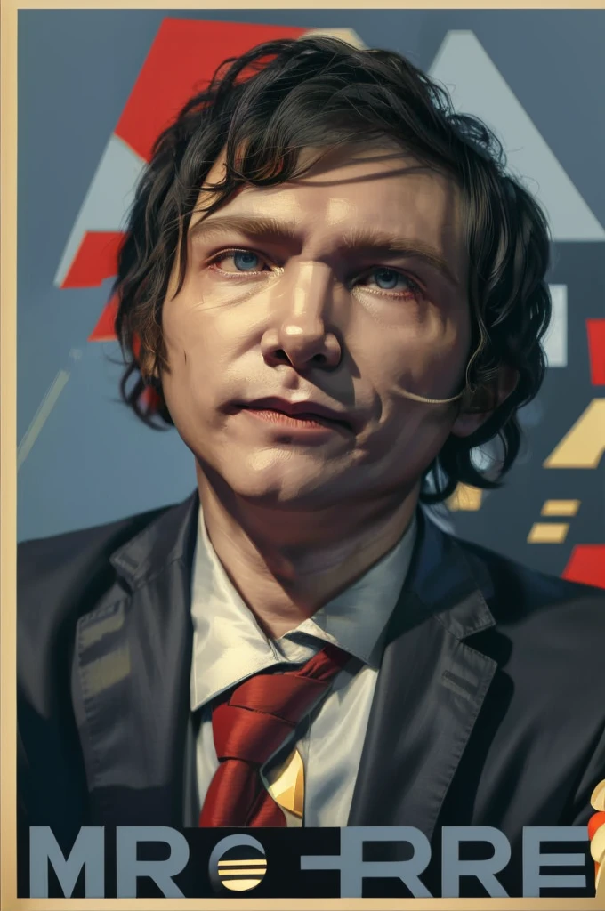 solo, Poster of Javier Milei, masterpiece, best quality, portrait of sks man , black suit and white shirt, very detailed face, high quality, serious face, evil smile,