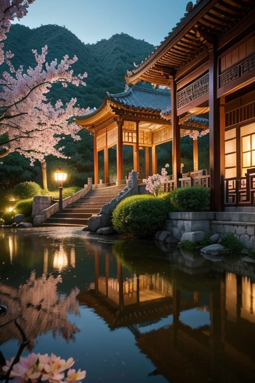 A beautiful detailed peach blossom garden in ancient China, lush peach trees in full bloom, intricate stone bridges, serene ponds with lotus flowers, exquisite traditional Chinese architecture, ancient scholars strolling through the garden, (best quality,4k,8k,highres,masterpiece:1.2),ultra-detailed,(realistic,photorealistic,photo-realistic:1.37),HDR,UHD,studio lighting,ultra-fine painting,sharp focus,physically-based rendering,extreme detail description,professional,vivid colors,bokeh,landscape,intricate details,cinematic lighting,warm color palette
