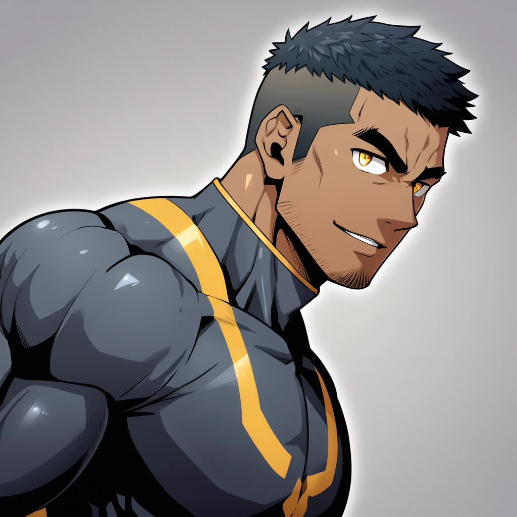 anime characters:Gyee, Muscle Sports Student, negro black skin, 1 dark skin muscular tough guy, Manliness, male focus, Dark grey high collar long sleeve wetsuit, Matte texture, Very tight, Round, full and perky chest muscles, Slightly transparent, muscular male, muscular, only, Upper body, alone, Black short hair, Thick eyebrows, stubble, Yellow eyes, Grey background, simple background, amazing quality, best aesthetics, Ridiculous, bright pupils, crew cut, parted lips, seductive smile, torogao, naughty face, best quality