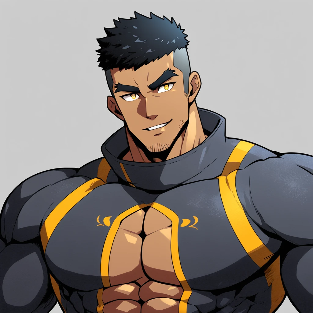anime characters:Gyee, Muscle Sports Student, negro black skin, 1 dark skin muscular tough guy, Manliness, male focus, Dark grey high collar long sleeve wetsuit, Matte texture, Very tight, Round, full and perky chest muscles, Slightly transparent, muscular male, muscular, only, Upper body, alone, Black short hair, Thick eyebrows, stubble, Yellow eyes, Grey background, simple background, amazing quality, best aesthetics, Ridiculous, bright pupils, crew cut, parted lips, seductive smile, torogao, naughty face, best quality