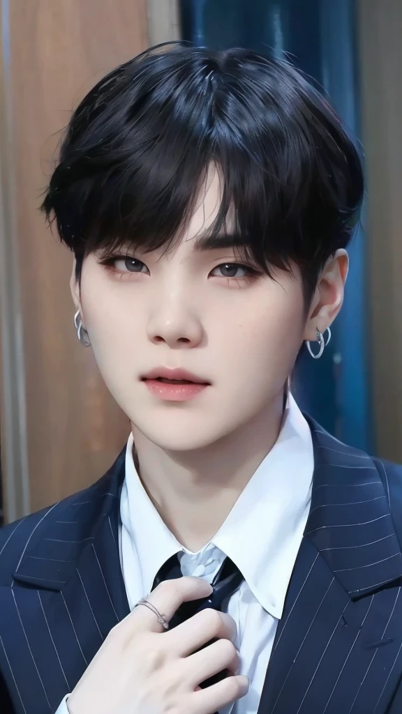 Image of black haired yoongi, young pale angel, innocent look, Suga BTS, chico bts, pale korean adorable face, taken in the early 2020s, has a penetrating look, key still, ten reads, kpop idol suga, Min Yoongi, Yoongi&#39;s way bts. Realistic hyper realistic real image , Yoongi&#39;s way, yoongi face