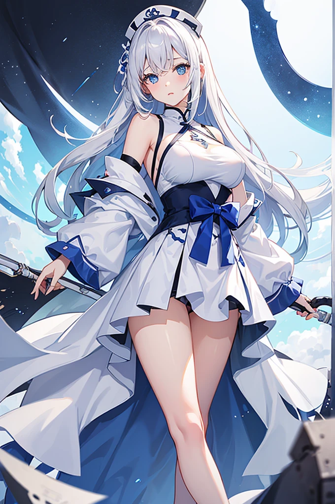 A girl,White长发,Dissemination,Blue pupils,White,Big breasts,Dress conservatively,17-year-old girl