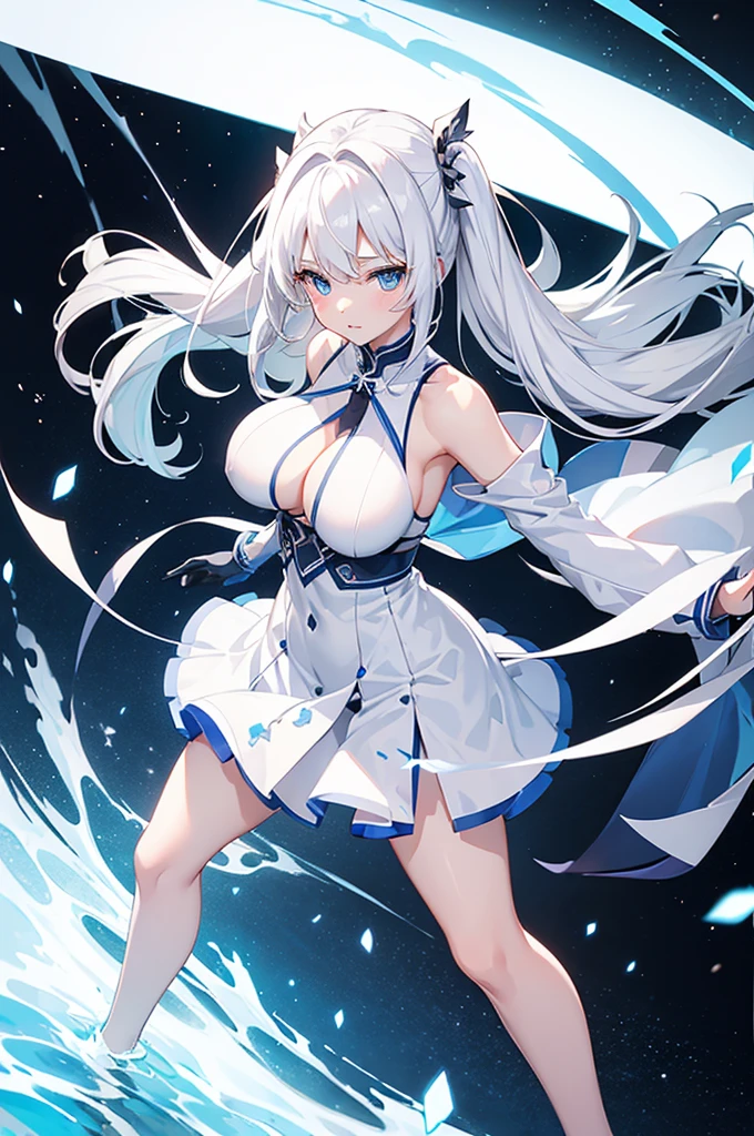 A girl,White长发,Dissemination,Blue pupils,White,Big breasts,Dress conservatively,
