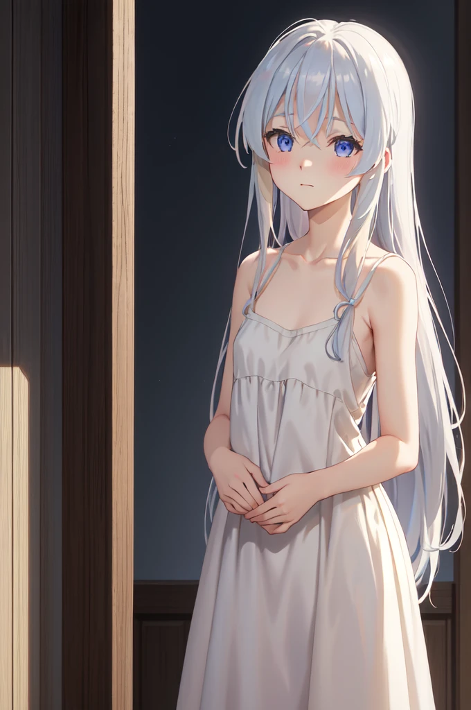 ph elaina, Eoutfit1, elaina (majo no tabitabi), (masterpiece:1.6, best quality), solo, long hair, ahoge, hair between eyes, collarbone, blue eyes, bangs, white hair, sleeveless, bare shoulders, shiny hair, camisole, spaghetti strap, white shirt, purple eyes, shiny, sleeveless shirt, blush, very long hair, sidelocks, sleeveless dress, dress