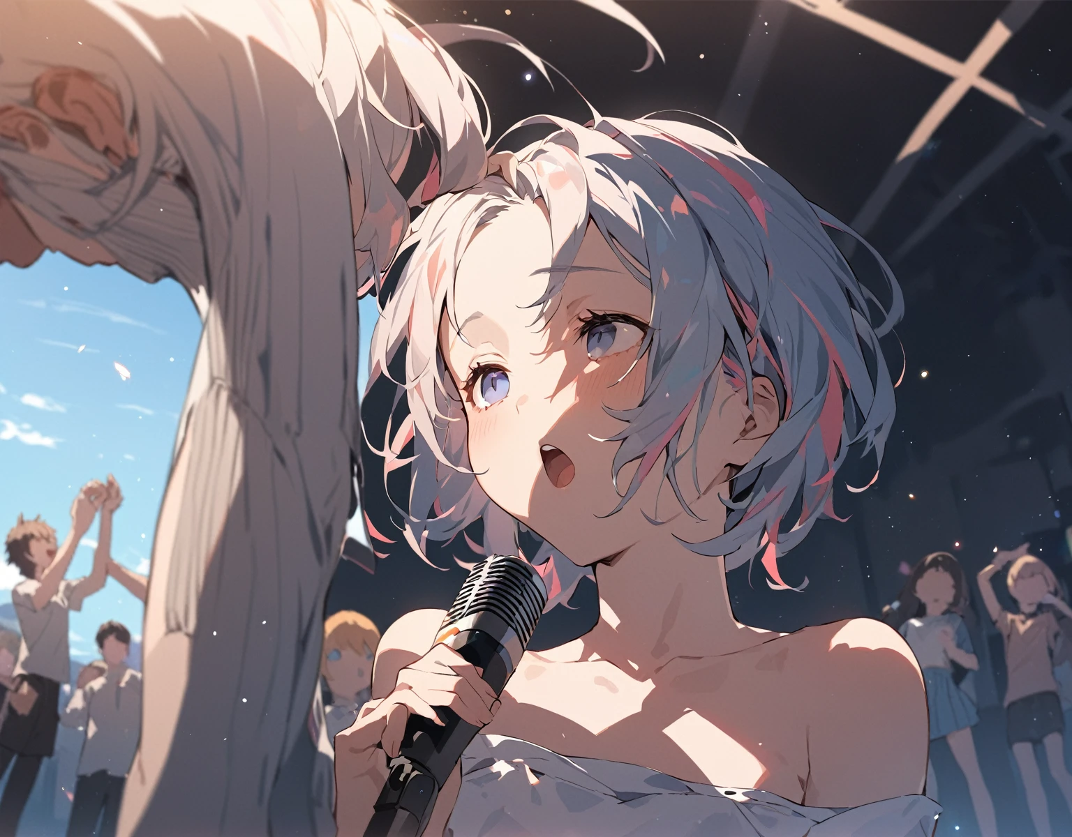 BREAK Perfect Anatomy、(High resolution:1.2)、Incredible illustrations、(Cute illustrations:1.2)、()(cinematic angle,solo focus,) 
（Beautiful background)
 1girl((a girl,teenage 1.7meters, 45kg,flat chest,skinny:1.5, ((no pupils),in heat (looking at another) (head tilt,singing,multicolored hair,on back) 
