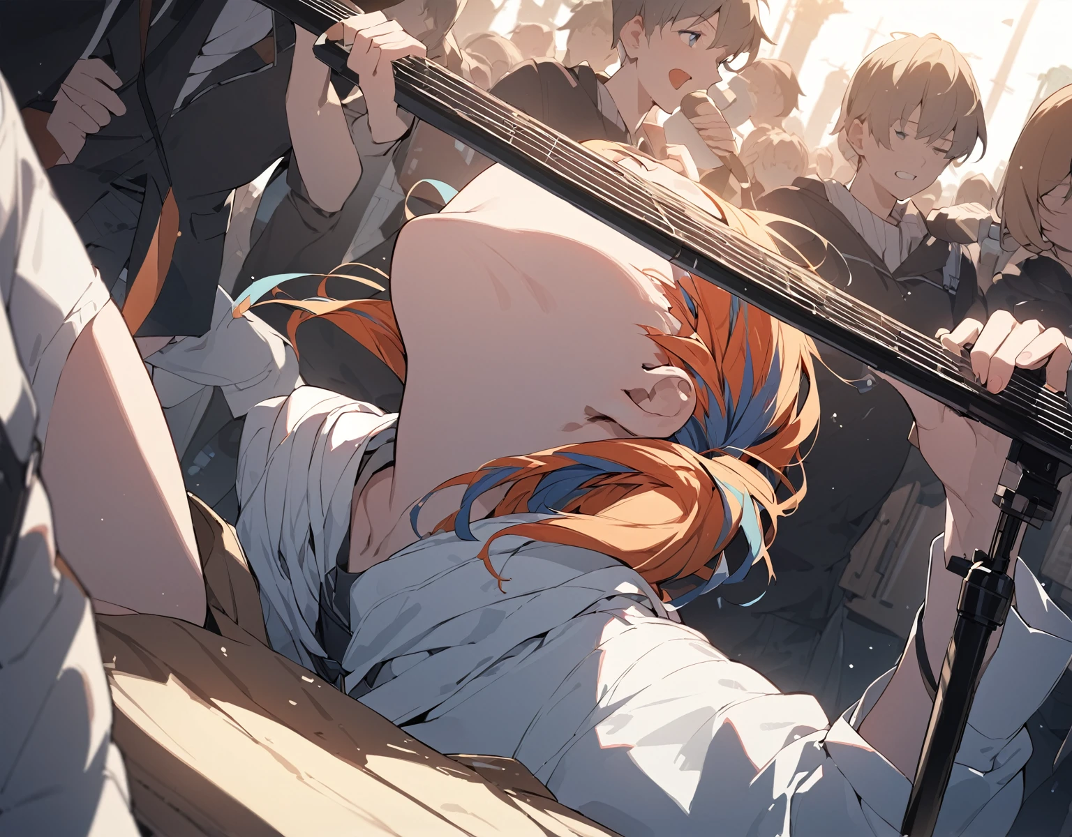 BREAK Perfect Anatomy、(High resolution:1.2)、Incredible illustrations、(Cute illustrations:1.2)、()(cinematic angle,solo focus,)
(Beautiful background)
1girl((a girl,age 1.7meters, 45kg,flat chest,skinny:1.5, ((no pupils),in heat (looking at another) (head tilt,singing,multicolored hair,on back)